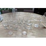 GLASS WARE SELECTION, including eight dessert glasses, a water jug, four decanters, three