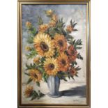 VAN DAM 'Sunflowers', oil on canvas, signed, 49cm x 75cm, framed.