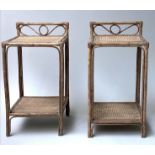 LAMP TABLES, a pair, bamboo and cane each with upstand and undertier (2), 58cm H x 31cm W x 30cm D.