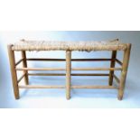 HALL BENCH, early 20th century English deal with rush seat and stretchered supports, 90cm x 32cm x