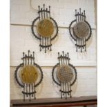 WALL LIGHTS, 54cm H x 30cm, two similar pairs circa 1930 Spanish iron and moulded glass of Gaudi