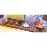 COPPER PANS, a set of seven graduated, the largest 23cm x 24cm diam and four other copper items. (
