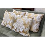 CUSHIONS, a set of four, gold damask fabric, 53cm x 49cm. (4)