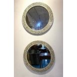 WALL MIRRORS, a pair, 1970s Italian design, 'fish scale' inlaid circular frames, 61cm diam. (2)