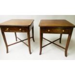 LAMP TABLES, a pair, George III design burr walnut, each with drawer and stretcher, 52cm x 52cm x