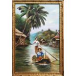 VAZAN (20th Century Thai) 'Figures on a Long Tail Boat on the River Kwai, Thailand', oil on