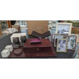 COLLECTION OF INTEREST, including a OKA box, two dice boxes, two bookends, leather box and desk mat,