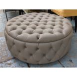 OTTOMAN, 107cm diam x 44cm, tanned buttoned leather finish.