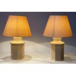 TABLE LAMPS, a pair, octagonal crackle glaze ceramic with raw silk shades, 62cm H. (2)