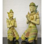 BUDDHA'S, 79cm H and 64cm H two South East Asian polychrome and mirrored carved wood. (2)