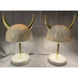 VIKING HELMET TABLE LAMPS, a pair, gilt and marble, 48cm x 30cm. (2)