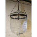 HALL LANTERN, 31cm x 63cm H excluding chain, etched glass with single light.