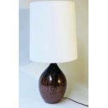 STUDIO CERAMIC TABLE LAMP, vase form, slipware, rust brown with shade 83cm H.