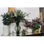 DRIED EUCALYPTUS DISPLAYS, various, and two faux foliage displays and one other with faux foliage