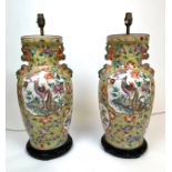CHINESE VASE LAMPS, a pair, Chinese hand painted ceramic with carved hardwood bases, 61cm H. (2)