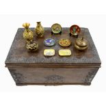 CLOISONNE DRAGON BOX, along with a pair of vases, six enamel and cloisonne trays and a brass Islamic