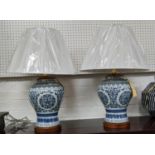 LAUREN RALPH LAUREN HOME TABLE LAMPS, a pair, blue and white Chinese export style, with shades, 56cm