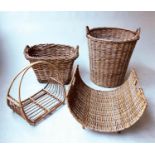 BASKETS, four various including two open log baskets, a fisherman's basket and a tatter wash basket,