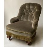 ARMCHAIR, Victorian walnut of small proportions and button velvet upholstery, 53cm W.