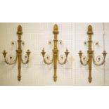 WALL LIGHTS, 88cm H x 43cm a set of three, George III style giltwood and metal with twin sconces. (