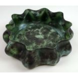 L'OBJET LIMOGES PORCELAIN BOWL, large mottled green/blue glaze 'Cenote', wavy-rimmed stamped to