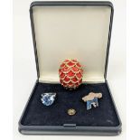 FABERGE STYLE ENAMEL AND DIAMONTE EGG, a 'WR5' silver weather brooch, a gold plated diamond and