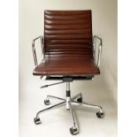 REVOLVING DESK CHAIR, after Charles and Ray Eames ribbed tan leather revolving and reclining on an
