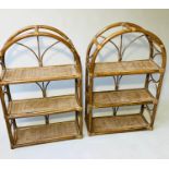 ETAGERES, a pair, 1970s rattan framed, wicker panelled and cane bound with three shelves, 80cm H x