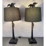 TABLE LAMPS, a pair, monkey climbing palm tree, grey shades, 84cm x 36cm. (2)