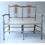 HALL BENCH, Edwardian fruitwood with carved pierced back and studded linen upholstery, 103cm W.