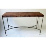 TERRACE/SERVING TABLE, 1950's rattan woven and cane bound with metal frame, 130cm x 50cm x 77cm H.