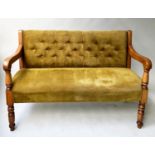 BENCH, Victorian fruitwood with yellow velvet buttoned upholstery, 126cm W.