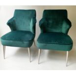 ARMCHAIRS, a pair, contemporary royal green velvet on tapering splay steel supports, 63cm W (2)