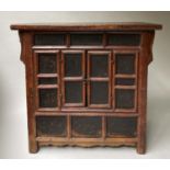 CHINESE CABINET, 19th century scarlet lacquered with lattice front and two panelled doors, 97cm x