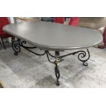 DINING TABLE, 75cm H x 128cm x 230cm L, grey painted top on French forged wrought iron base.