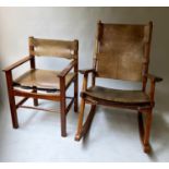 ROCKING CHAIR, teak framed and leather strap form upholstery in the manner of Kaare Klint 64cm W