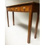 HALL TABLE, George III design burr walnut and crossbanded with four drawers, 76cm H x 130cm x 30cm.