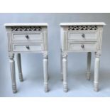 LAMP TABLES, a pair, French style grey painted with pierced frieze and two drawers, 40cm x 32cm x