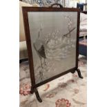 ARTS AND CRAFTS FIRESCREEN, early 20th century, oak frame and cream silk embroidered peacock