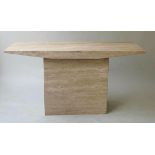 TRAVERTINE CONSOLE TABLE, 1970's rectangular marble with plinth support, 135cm x 45cm x 72cm H.