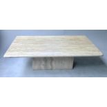 TRAVERTINE MARBLE LOW TABLE, 1979s rounded rectangular on plinth support, 120cm L x 70cm D x 37cm H.