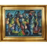 MAGOLA (20th Century South African) 'Market Scene', oil on canvas, signed lower left, 39cm x 51cm,