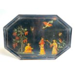 CHINOISERIE TRAY, 18th/19th century black lacquered with hand painted wedding scene, 69cm x 45cm.