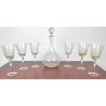 WINE GLASSES, a set of six, French cut glass and etched, 22cm H, together with a matching