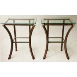 PIERRE VANDEL LAMP TABLES, a pair bronzed and silvered metal mounted with glass tops, 56cm W x