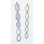 MIRRORED WALL ACCENTS, a pair, gilt metal frames, 145cm x 14cm. (2)