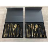 CUTLERY SETS, a pair, 32cm x 26.5cm x 6cm, gilt metal, boxed, each 16 pieces. (2)