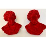 CONTEMPORARY SCHOOL BUSTS, a pair, Beethoven, red flocked finish, 44x36x29. (2)