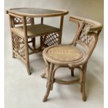 TERRACE SET, Rattan wicker and cane bound with table (glazed) and two chairs under, 100cm W x 56cm D