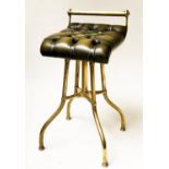 CELLIST/MUSICIAN'S CHAIR, 19th century brass with adjustable buttoned green leather seat, stamped '